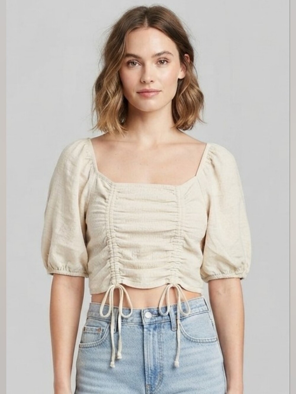 Wild Fable Cream Ruched Puff Sleeve Crop Top Size Large EUC